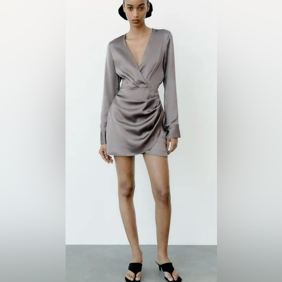 ZARA SATIN WRAP DRESS Charcoal SIZE L - Picture 1 of 7